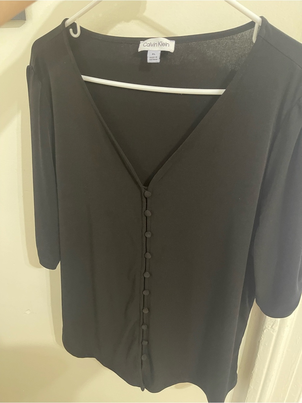 Calvin Klein Black V-Neck Covered Button Front Blouse
